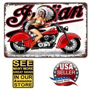 Retro Metal Sign • Bikini Pinup in Chief’s Headdress • Indian Chief Motorcycle